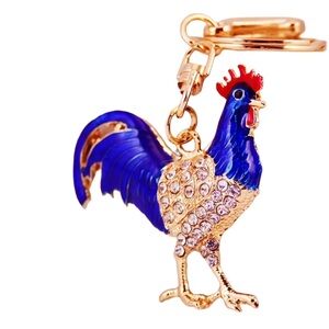 ROOSTER Keychain/ Bag Charm with White Crystals, Blue and Red Enamel